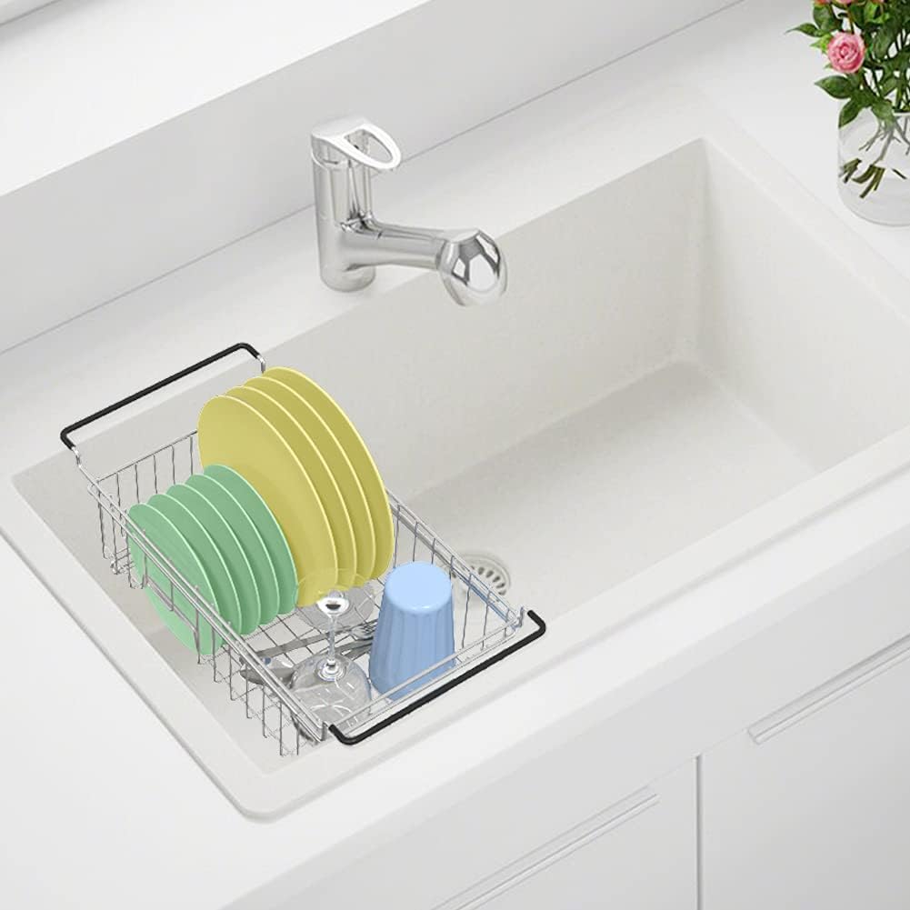 Expandable Dish Drying Rack Over the Sink Small Dish Drainer in Sink Adjustable Rustproof Sink Strainers for Kitchen-304 Stainless Steel