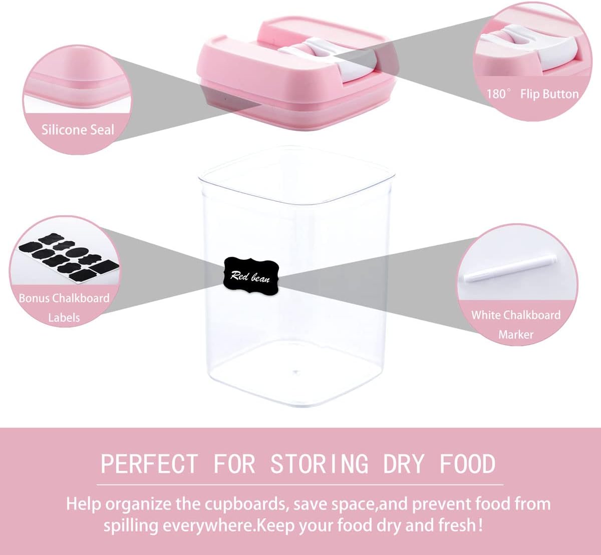Airtight Food Storage Container Set-10 Piece BPA Free Clear Plastic Cereal Canisters with Easy Lock Lids-Kitchen & Pantry Organization Containers for Sugar, Flour, Cereal, Labels & Marker(Pink)