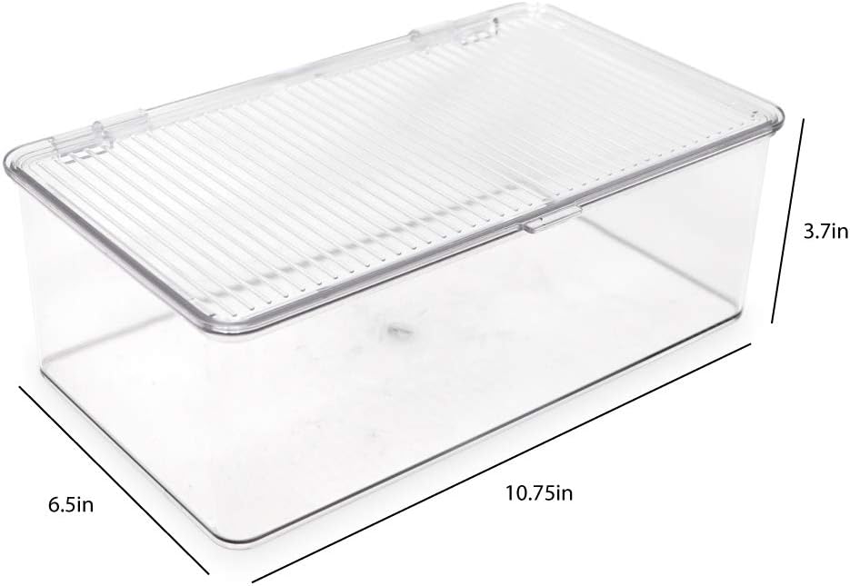 Medium Stackable Organizer Bin (10.75”x6.5”x3.7”) w/ Hinged Lid, Clear Storage Box, Home, Office