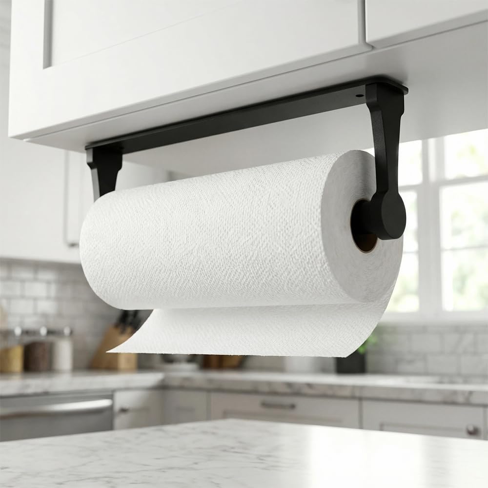 Paper Towel Holder - Self-Adhesive or Drilling, Black, Wall Mounted