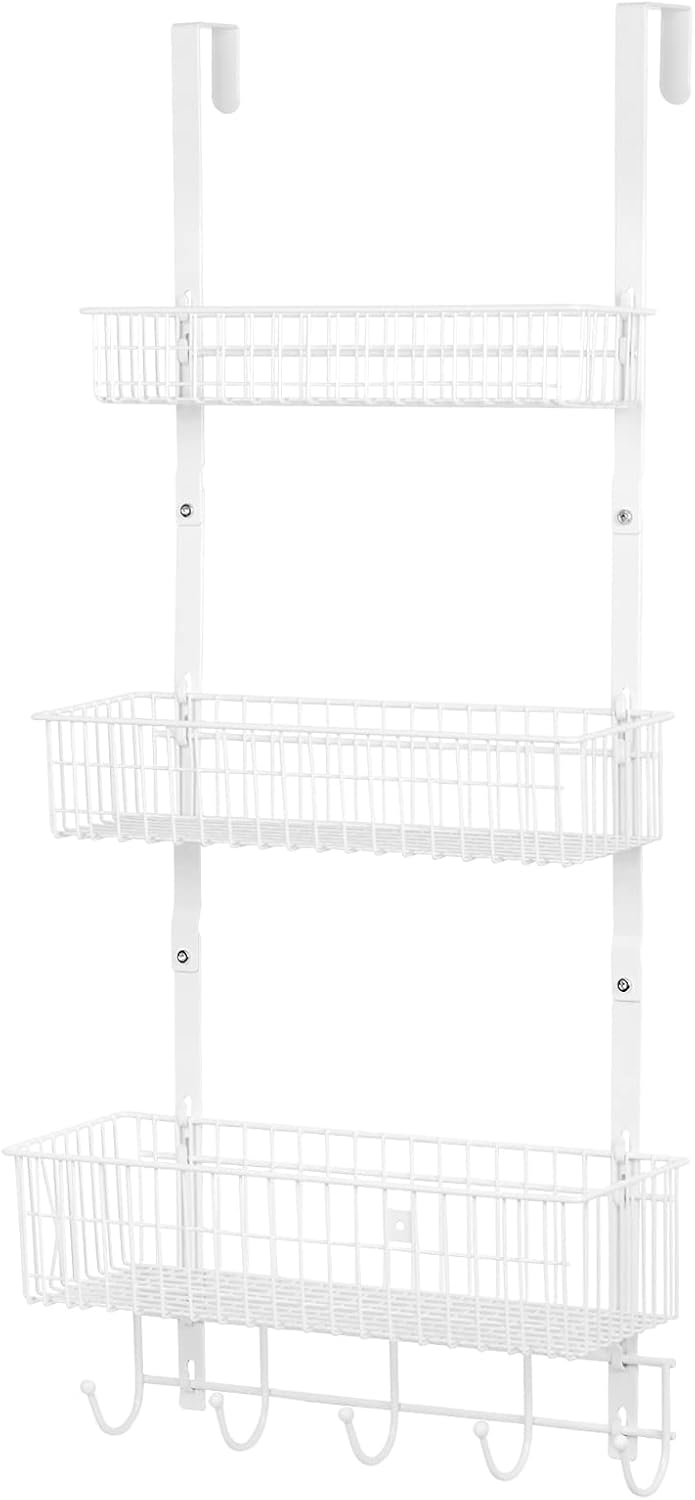 Over The Door Organizer with Hooks Door Hanger Towel Rack with 3 Mesh Baskets Back of Door Hanging Shelf Organizer Behind Door Pantry Organizer for Bathroom Bedroom White