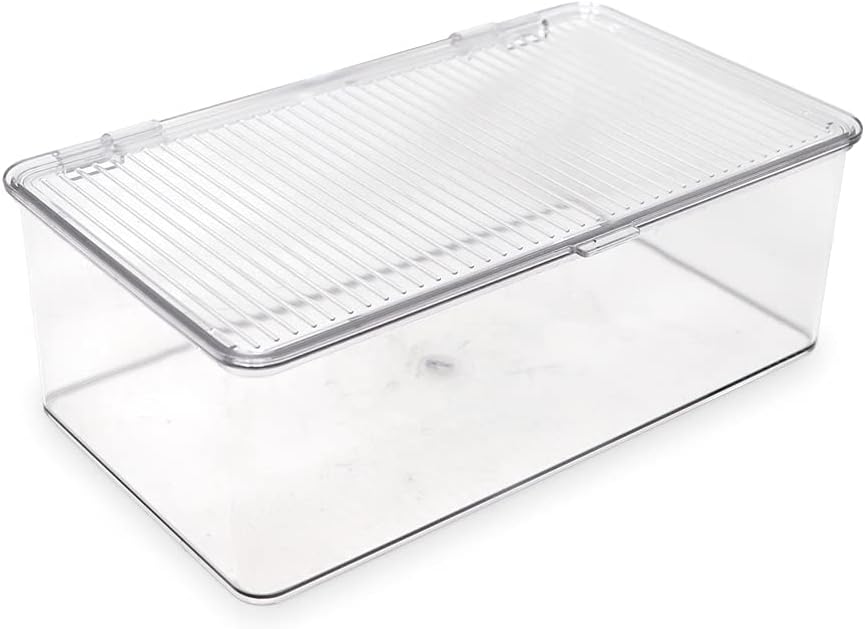 Medium Stackable Organizer Bin (10.75”x6.5”x3.7”) w/ Hinged Lid, Clear Storage Box, Home, Office