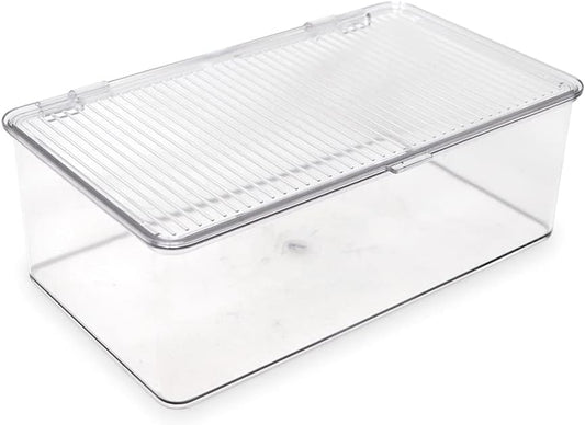 Medium Stackable Organizer Bin (10.75”x6.5”x3.7”) w/ Hinged Lid, Clear Storage Box, Home, Office