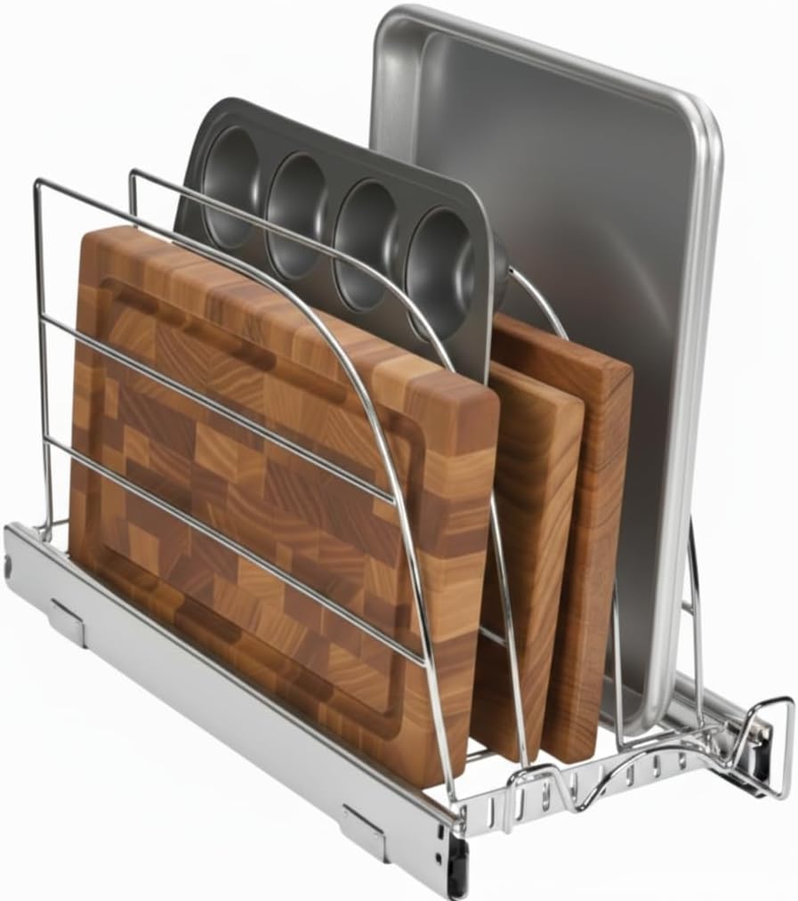 Pull Out Organizer for Bakeware, Cutting Board and Trays, Adjustable Dividers - Heavy Duty