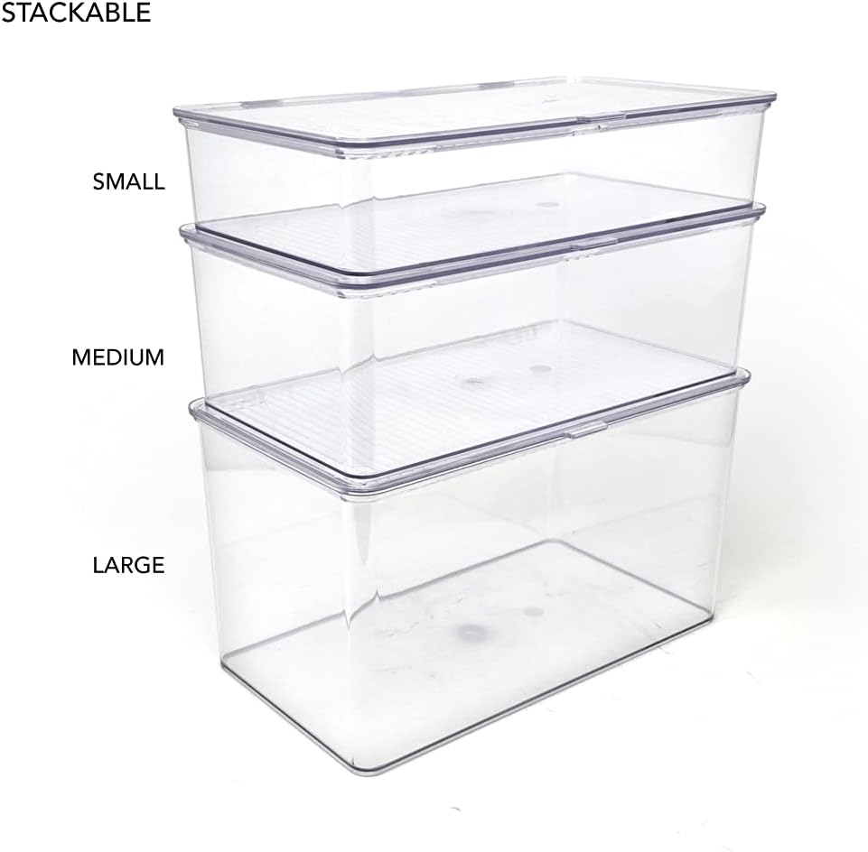 Medium Stackable Organizer Bin (10.75”x6.5”x3.7”) w/ Hinged Lid, Clear Storage Box, Home, Office