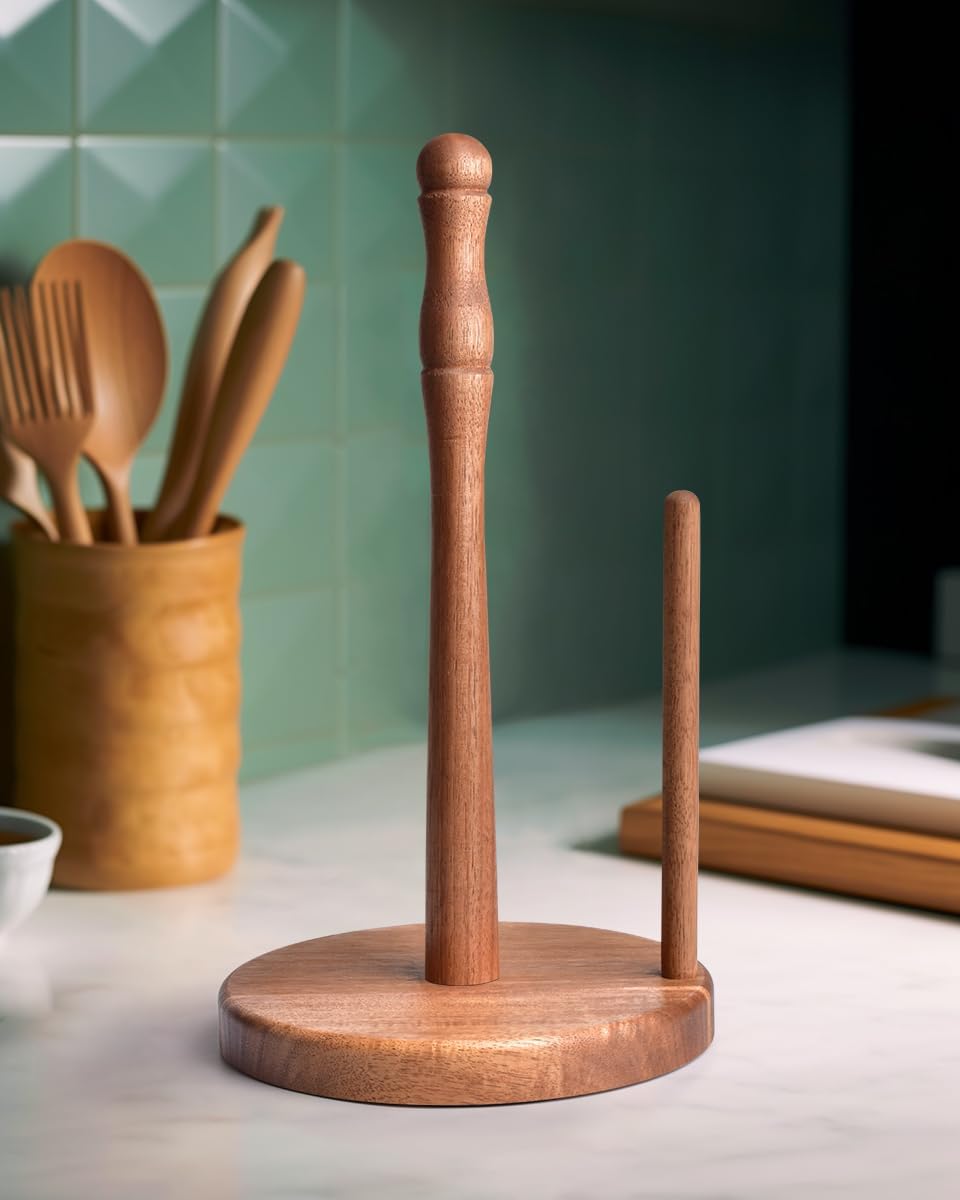 Farmhouse Acacia Wood Paper Towel Holder Countertop, Weighted Base for Kitchen & Bathroom