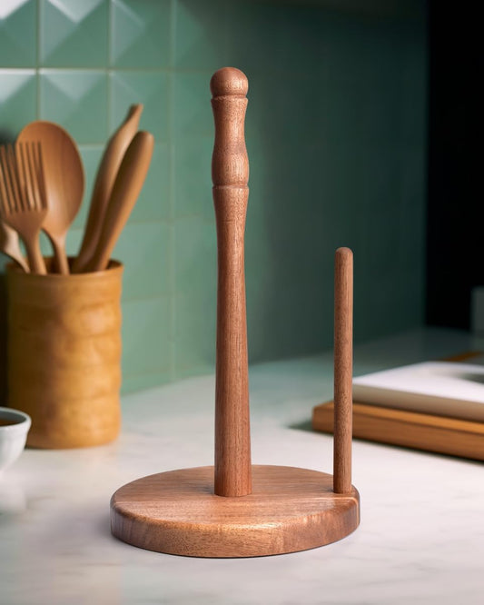 Farmhouse Acacia Wood Paper Towel Holder Countertop, Weighted Base for Kitchen & Bathroom