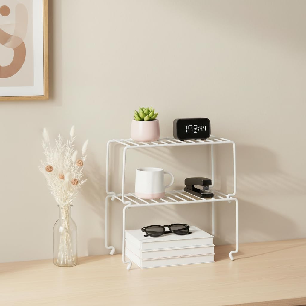 2-Pack Small (10.8x5.3inch) White Stackable Shelf Organizer Rack