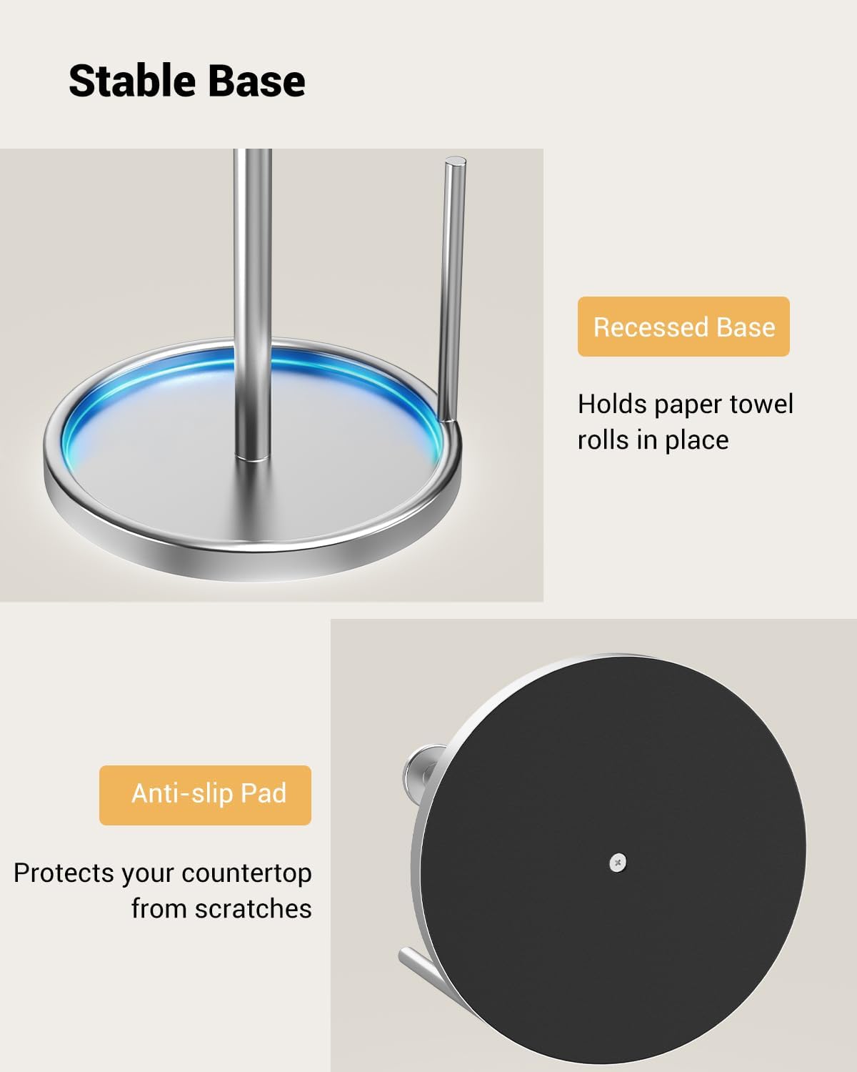 Paper Towel Holder Countertop, Stainless Steel, Anti Slip Base, Silver