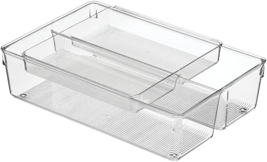 Plastic Stackable Kitchen Storage Drawer Organizer Bin with 2-Tier Tray for Cabinet, Pantry