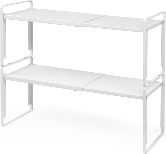 2Pack Cabinet Shelf Organizer Expandable 5 Heights Adjustable Stackable Rack Riser for Kitchen Pantry Cupboard Under Sink Organization Storage Space Saver Heavy Duty Metal White