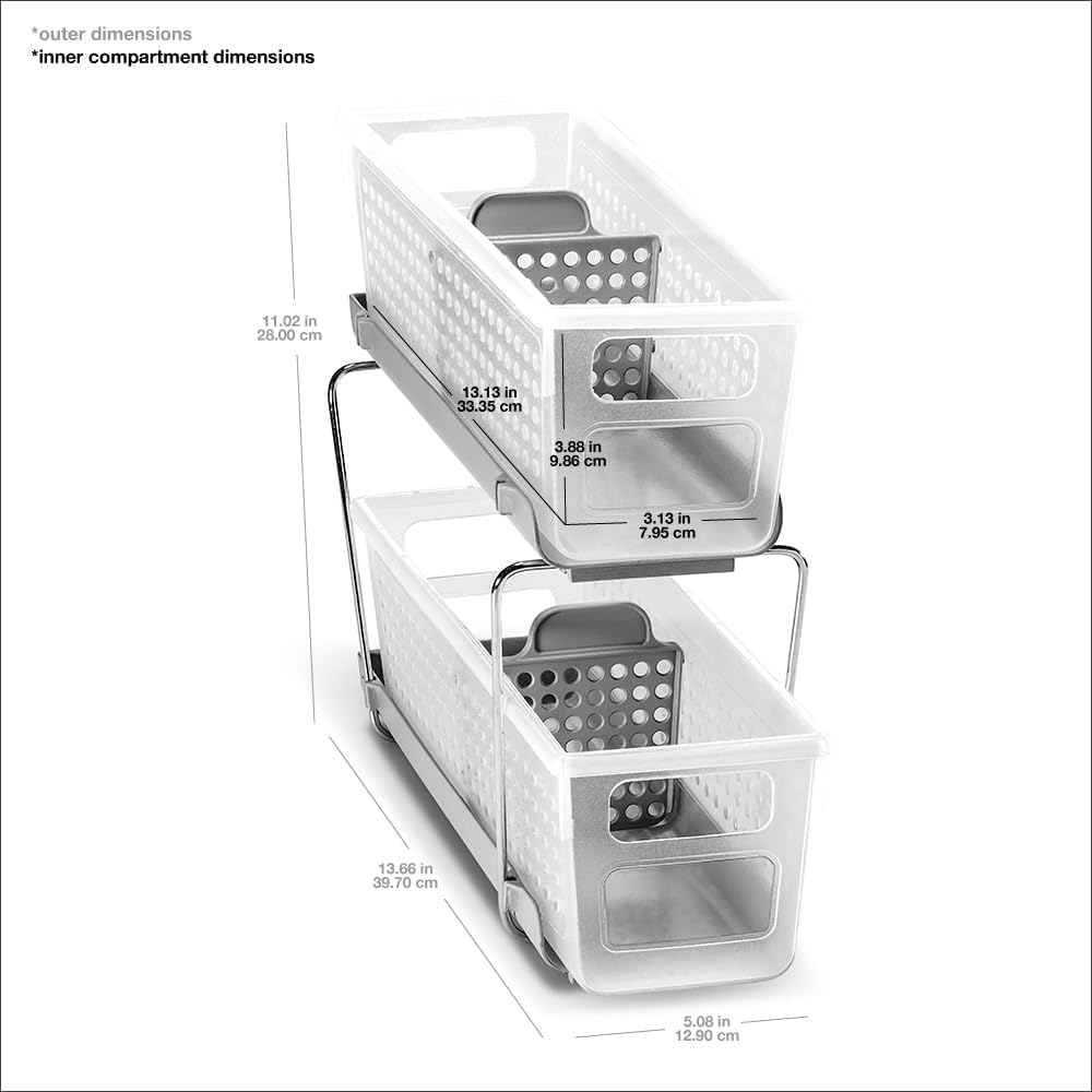 Mini 2-Tier Organizer, Multi-Purpose Slide-Out Storage with Handles and Dividers for Home and Bath