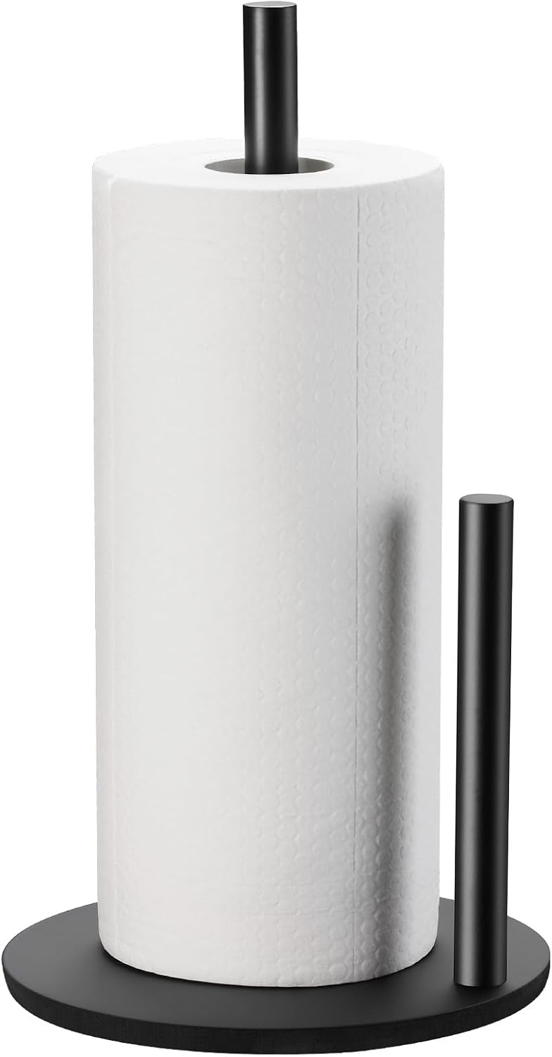 Paper Towel Holder Kitchen,Premium Stainless Steel Roll Dispenser,Countertop Paper Holder with Weighted Base, Black