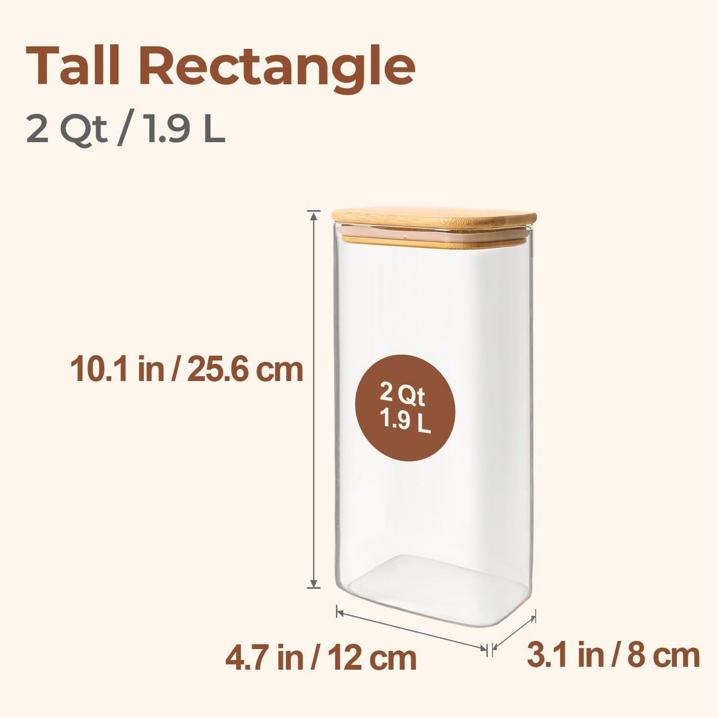 2 Qt Rectangle Glass Storage Containers with Lids, Glass Jars with Bamboo Lids, Clear Food Jar