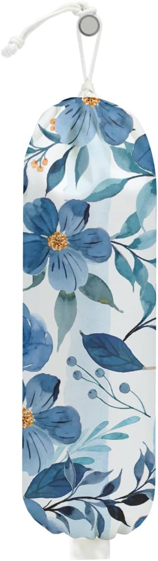 Watercolor Blue Flower Plastic Bag Holder, Wall Mount Grocery Bag Holder for Plastic Bags