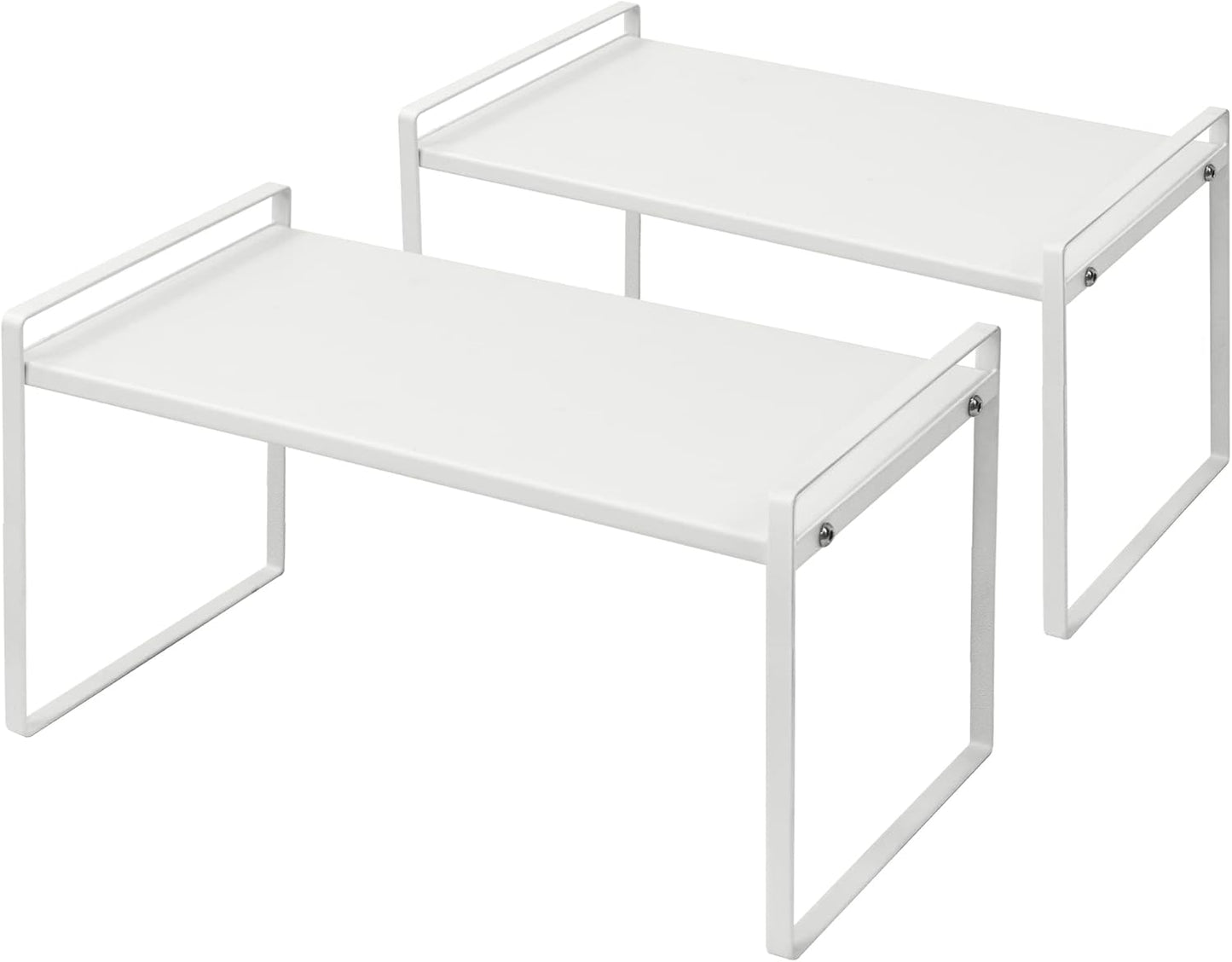 2Pack Cabinet Shelves Stackable Organizer Rack Riser for Kitchen Cabinet Pantry Cupboard Counter Countertop Home Organization Storage Space Saver Heavy Duty Metal Nonslip White Tall