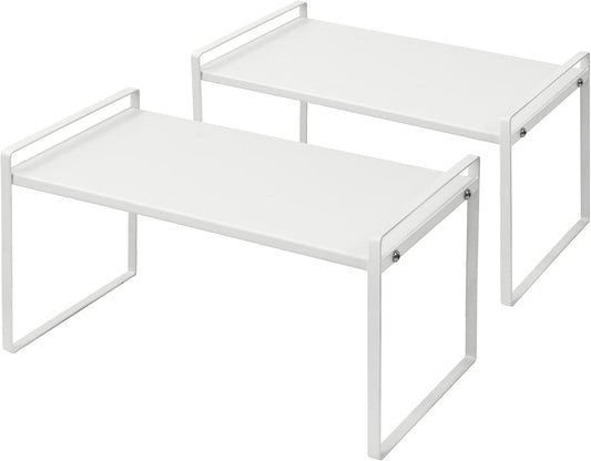 2Pack Cabinet Shelves Stackable Organizer Rack Riser for Kitchen Cabinet Pantry Cupboard Counter Countertop Home Organization Storage Space Saver Heavy Duty Metal Nonslip White Tall