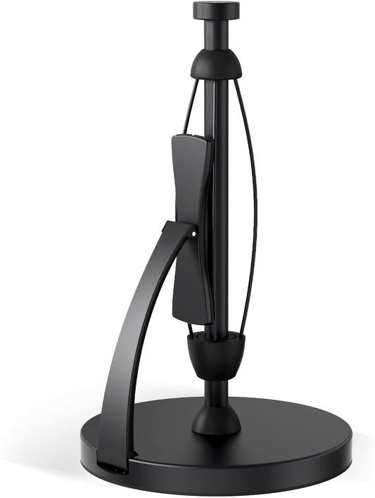Paper Towel Holder Countertop, Black Paper Towel Holder with Spring Activated Arm and Damping Effect, Simply Tear Paper Towel Stand for Bathroom and Kitchen (Black)