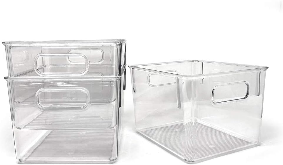 3-Pack Medium Clear Storage Bins with Handles, Plastic Organizer for Home or Fridge/Freezer
