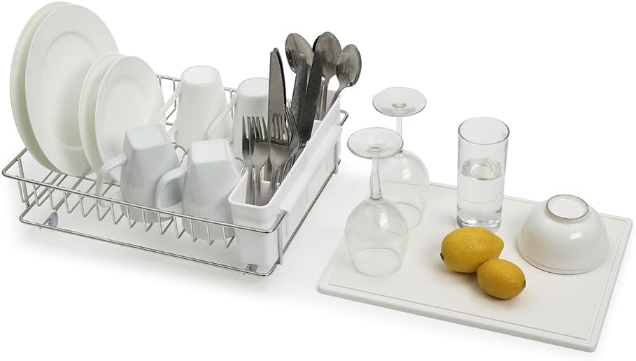 304 Stainless Steel Dish Drying Rack with Diatomaceous Earth Drainboard & Removable Utensil Caddy – Rust Resistant Countertop Dish Rack for Kitchen (Silvery-Grey)
