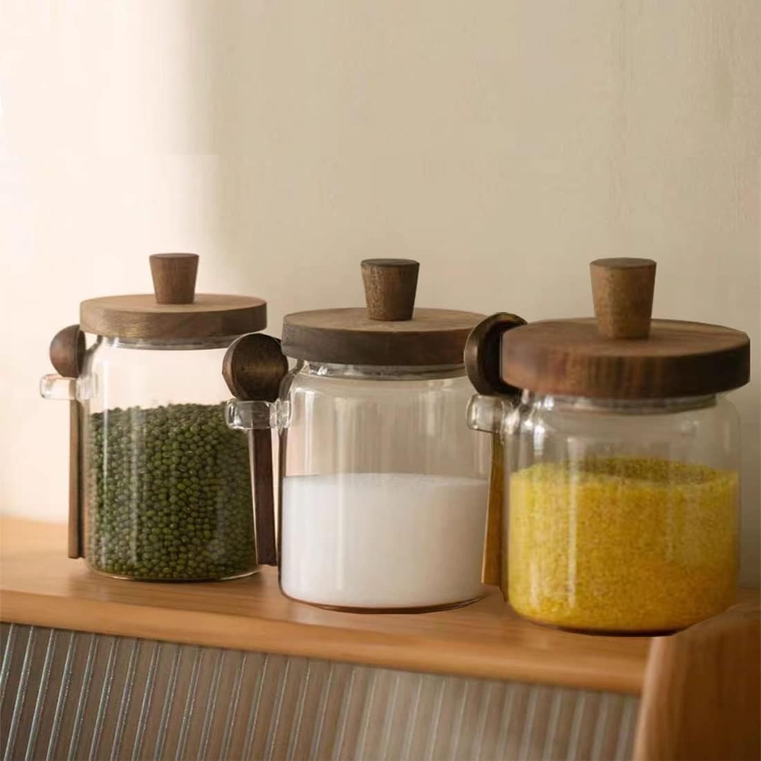 Set of 3 Glass Jars Containers with Wooden Lids and Scoop Clear Canister Jars Set with Spoon for Kitchen Food Storage Coffee Tea Sugar Decorative Countertop Organization Jars 31 oz (3)