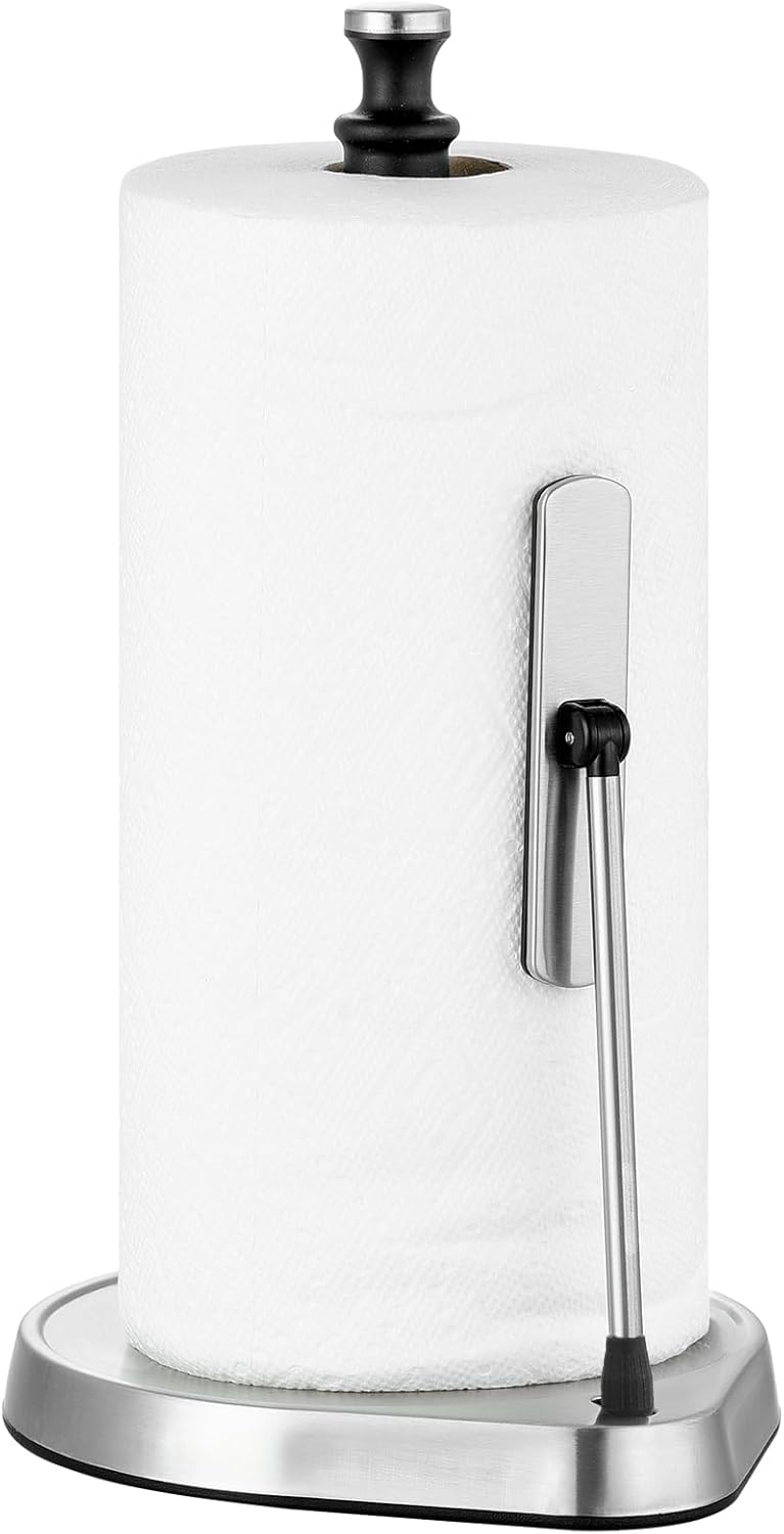 Paper Towel Holder for One Hand Tear - Countertop with Tension Arm & Non Slip Weighted Base
