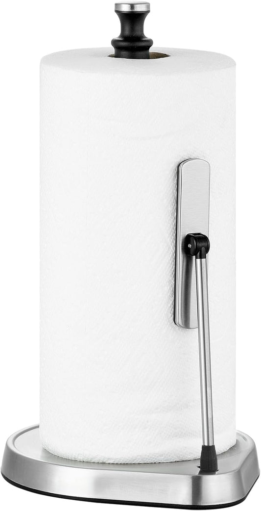 Paper Towel Holder for One Hand Tear - Countertop with Tension Arm & Non Slip Weighted Base