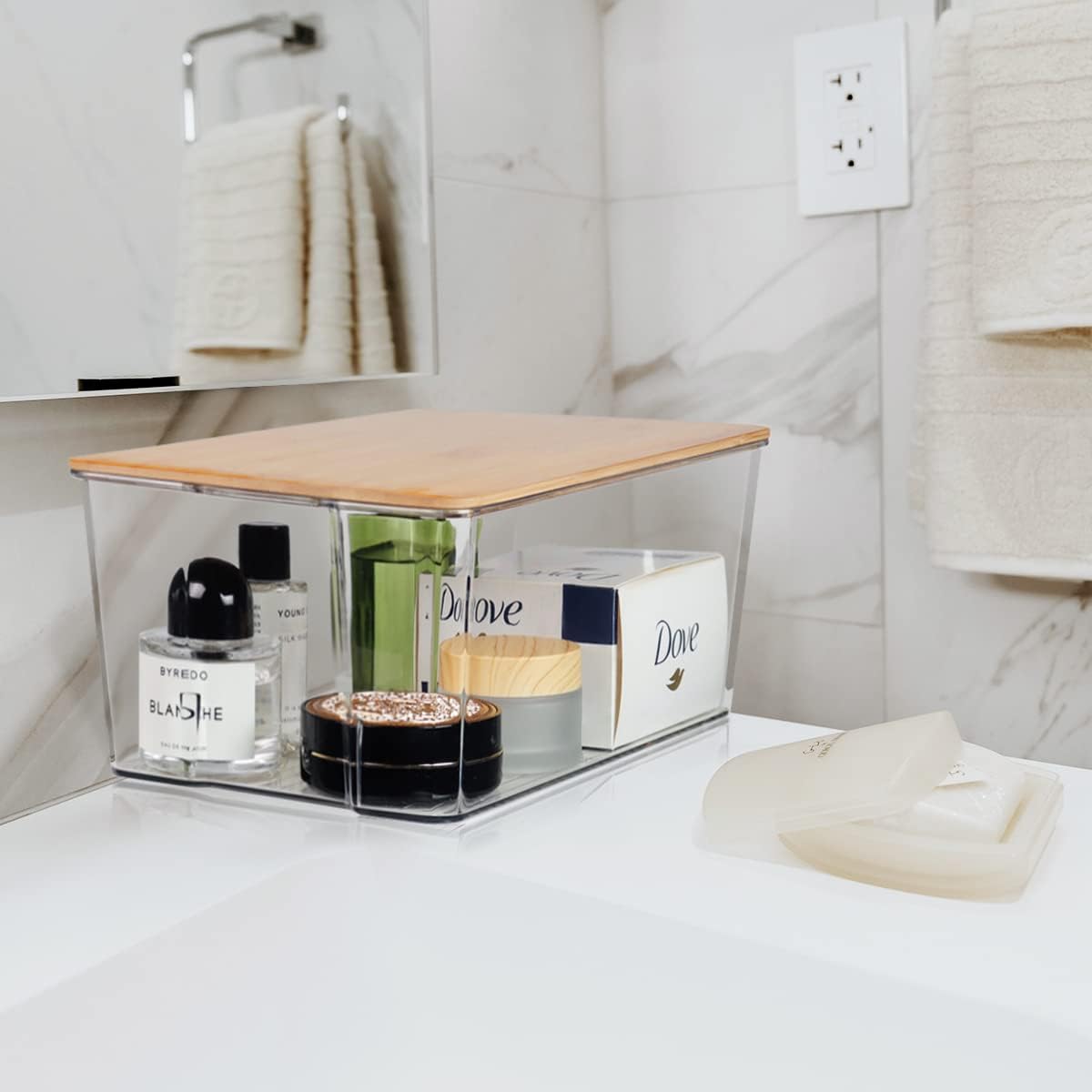 4 Pack Clear Plastic Storage Bins with Bamboo Lids