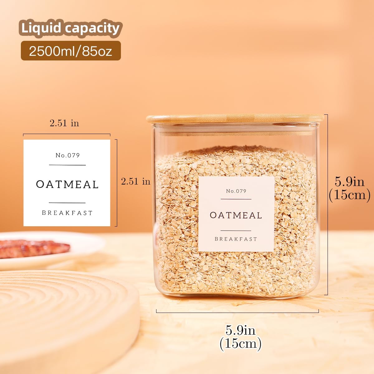 2 Pack Square Glass Flour and Sugar Containers with 132 Kitchen Pantry Labels