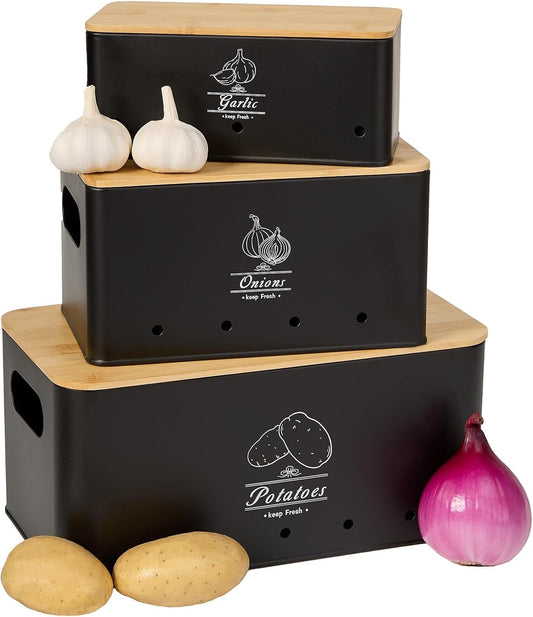 3 Pack Metal Vegetable Storage,Onion Storage,Potato Storage and Garlic Storage Set,Kitchen Vegetable Keeper,Stackable Pantry Organizers with Ventilation Holes and Bamboo Lids(BLACK)