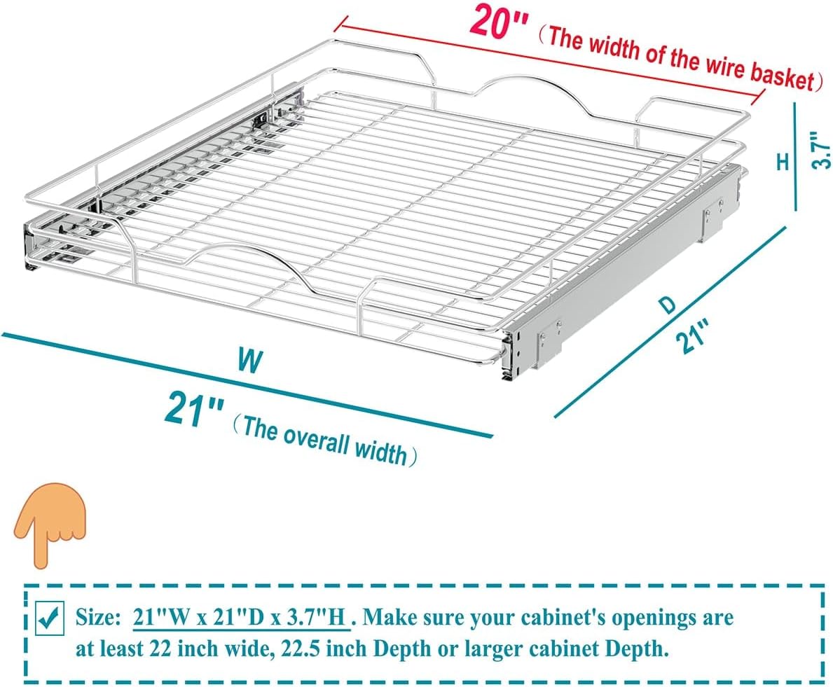 Pull Out Cabinet Organizer (21" W x 21" D), Pull out Shelves 1 Tier