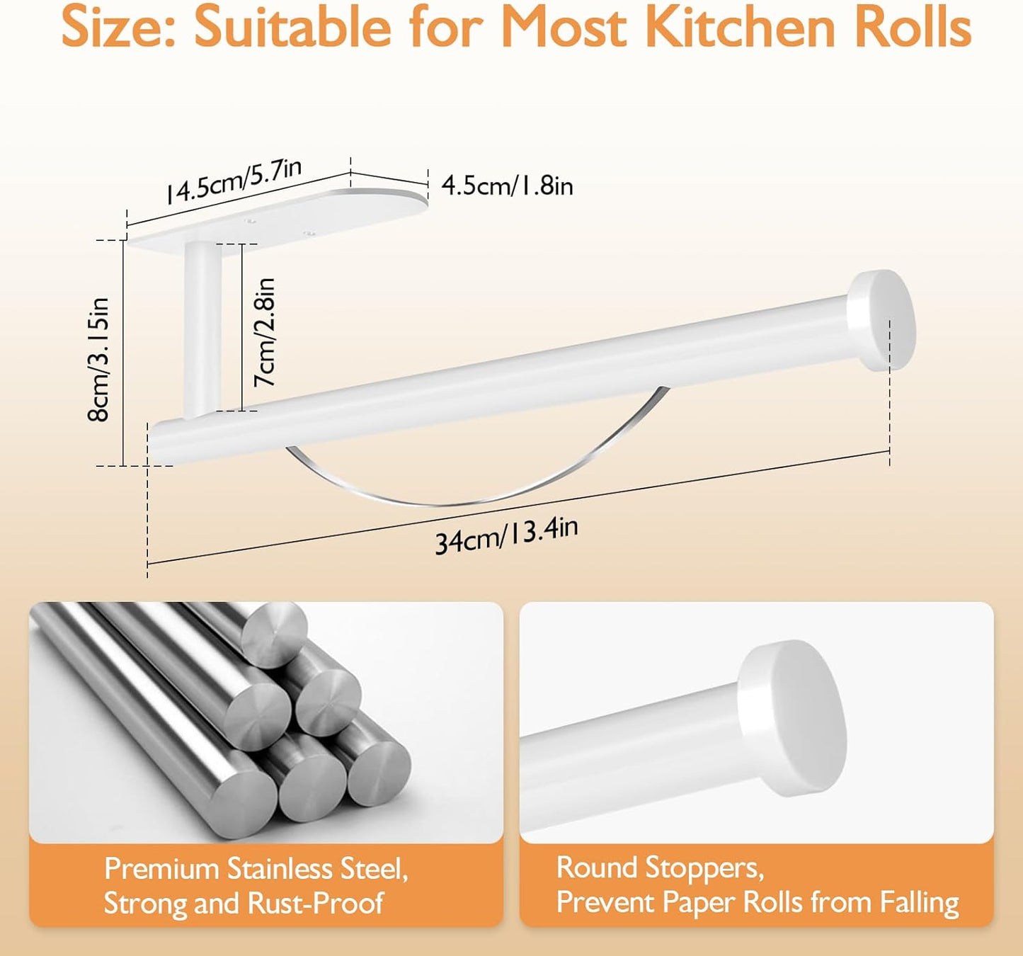 Paper Towel Holder with Damping Function, Paper Towel Holder Under Cabinet Self-Adhesive or Drilling, Wall Mounted Napkin Roll Holder for Kitchen Bathroom Rv Camping, Stainless Steel (White)