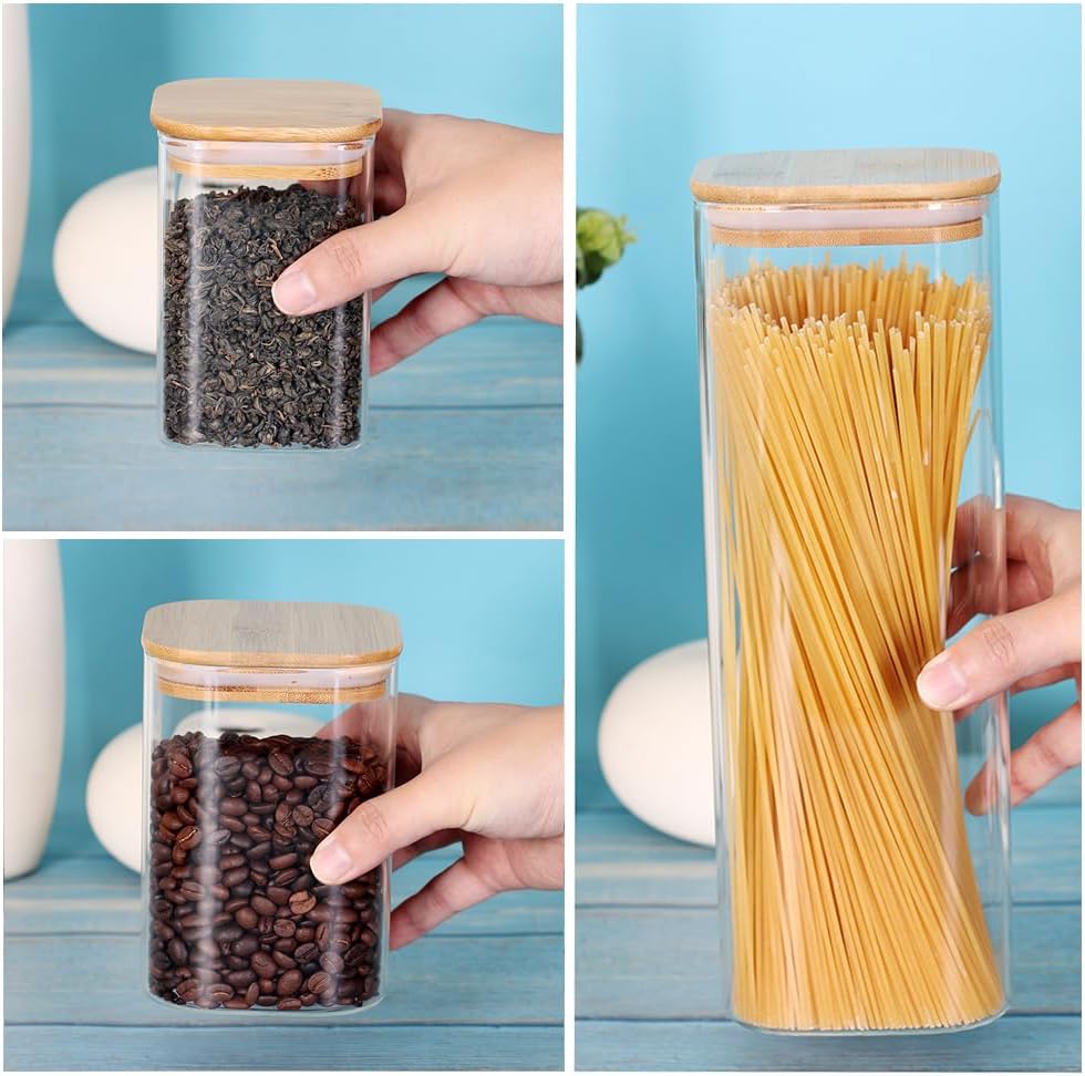 Glass Storage Canister with Wooden Lid, Set of 7 Square Glass Jars with Bamboo Lids