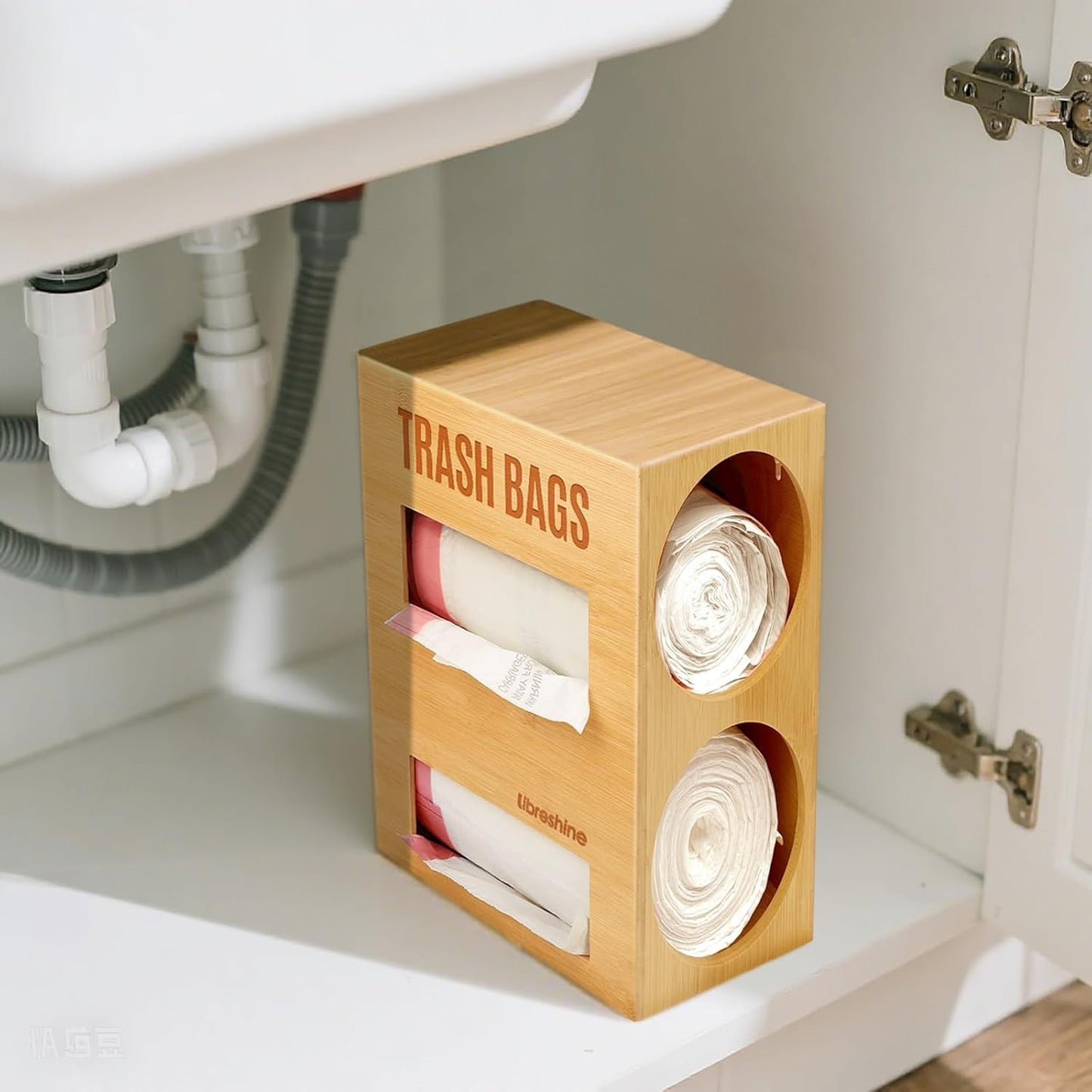 Dual Roll Bamboo Trash Bag Dispenser & Grocery Bag Holder