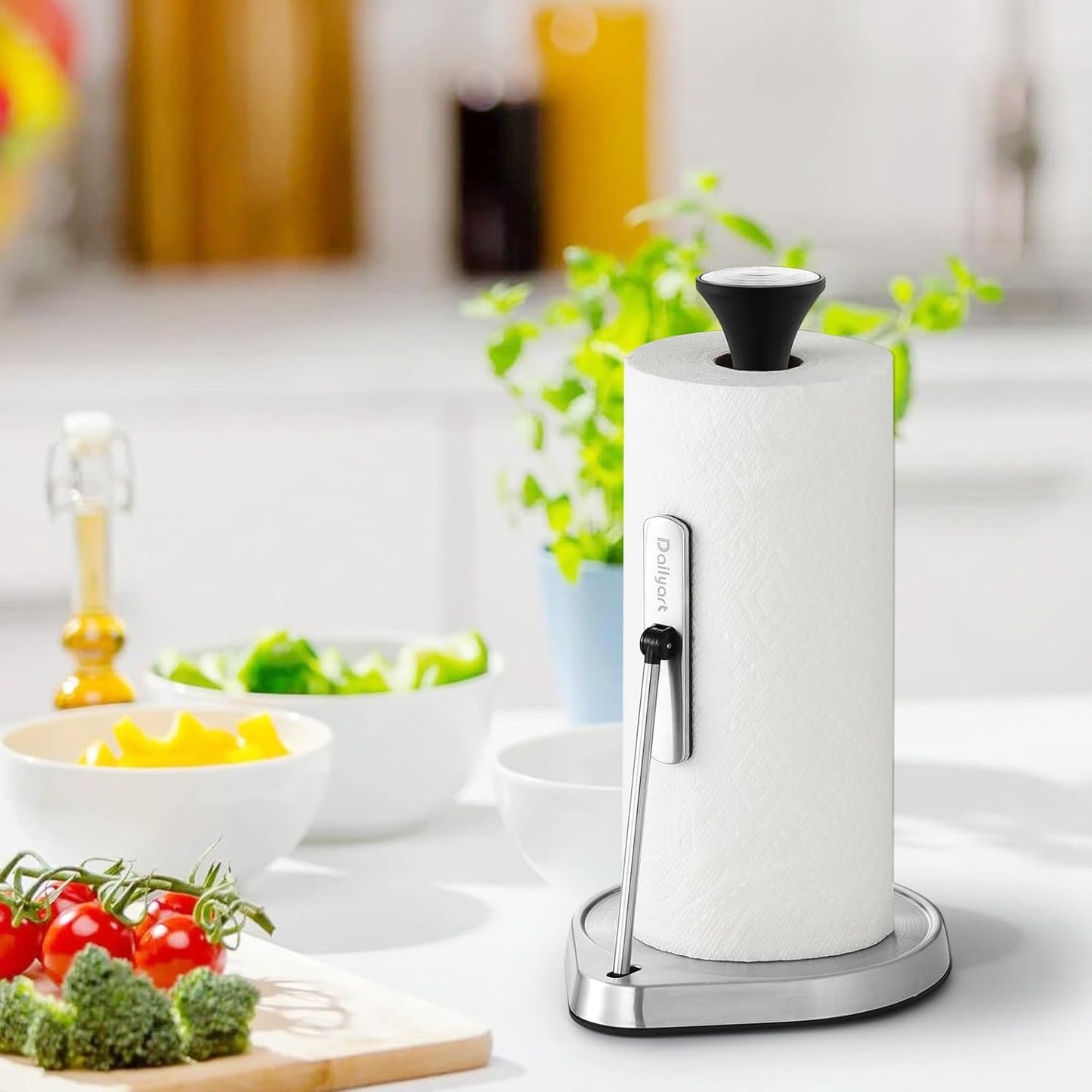 Paper Towel Holder Stand for One Hand Tear with Tension Arm