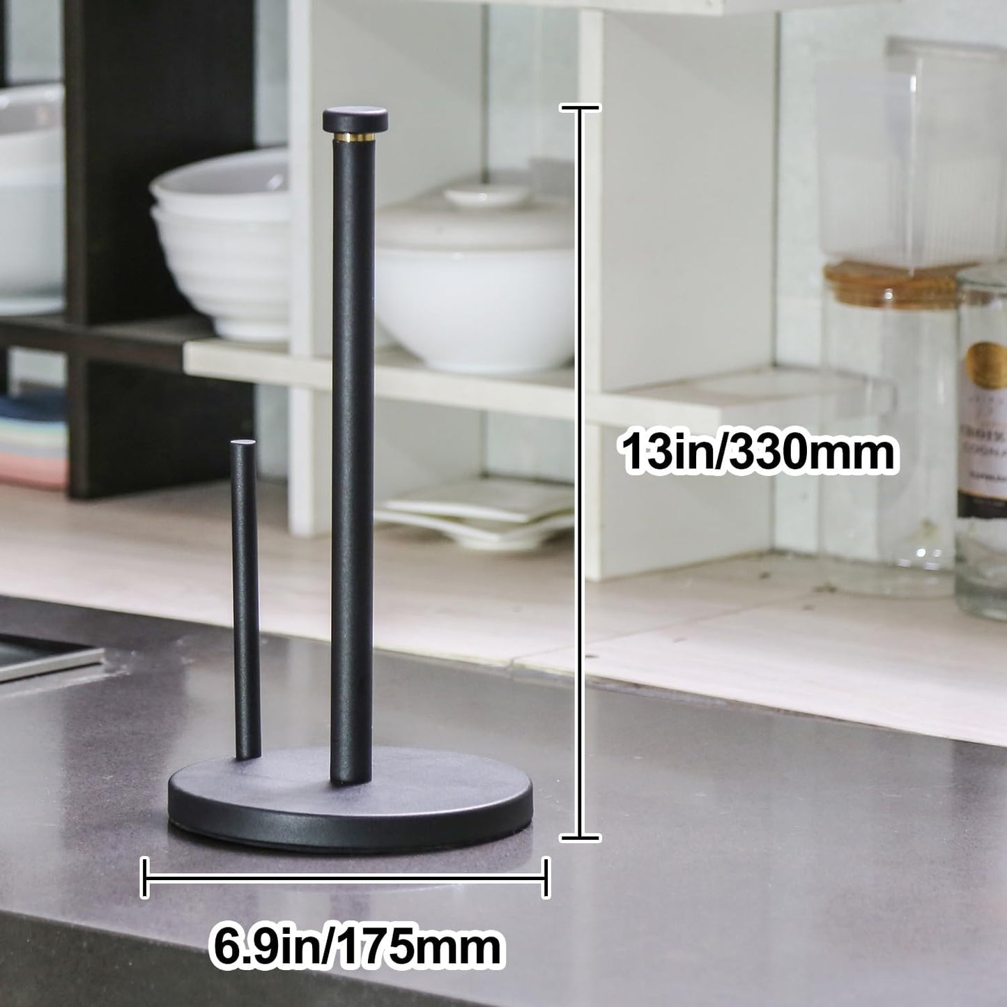 Black Paper Towel Holder Countertop, Black Stainless Steel Paper Towel Holder for Kitchen Bathroom with Anti Slip Weighted Base, Kitchen Roll Holder Fit Standard and Large Rolls