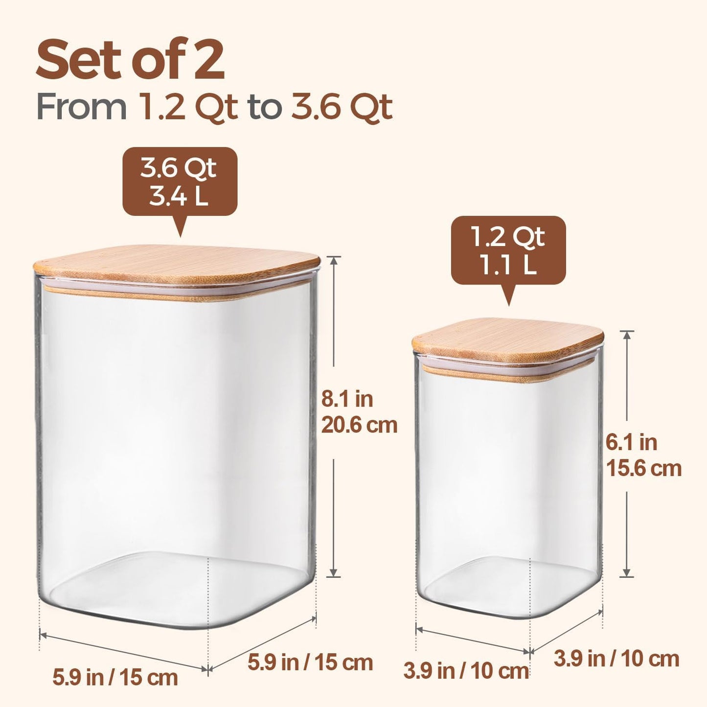 Glass Food Storage Containers, 3.6Qt/1.2Qt Glass Flour and Sugar Containers with Airtight Lids