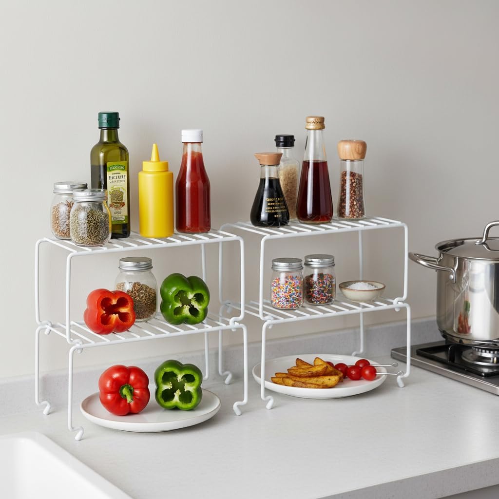 2-Pack Small (10.8x5.3inch) White Stackable Shelf Organizer Rack