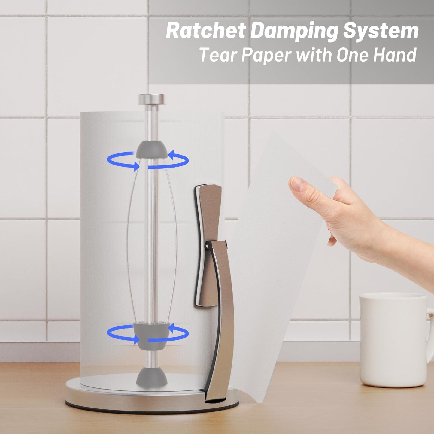 Paper Towel Holder Countertop, One-Handed Tear, Stainless Steel