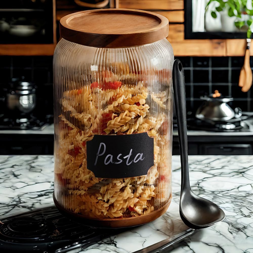 2-Pack Striped Borosilicate Glass Airtight Canisters - Big mouth Large Capacity, Acacia Wood Lid