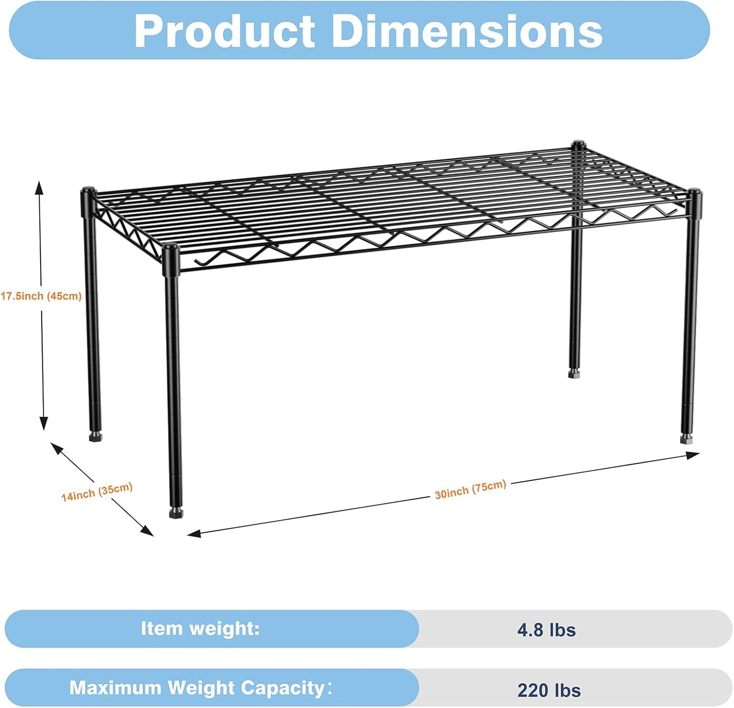1-Tier Wire Shelf Rack,30" Wx14 Dx17 H,Single Metal Shelves Rack,Height Adjustable Metal Wire Shelving Unit and Storage for Kitchen,Cabinet,Countertop,Under-Sink,Closet,Pantry,Bathroom