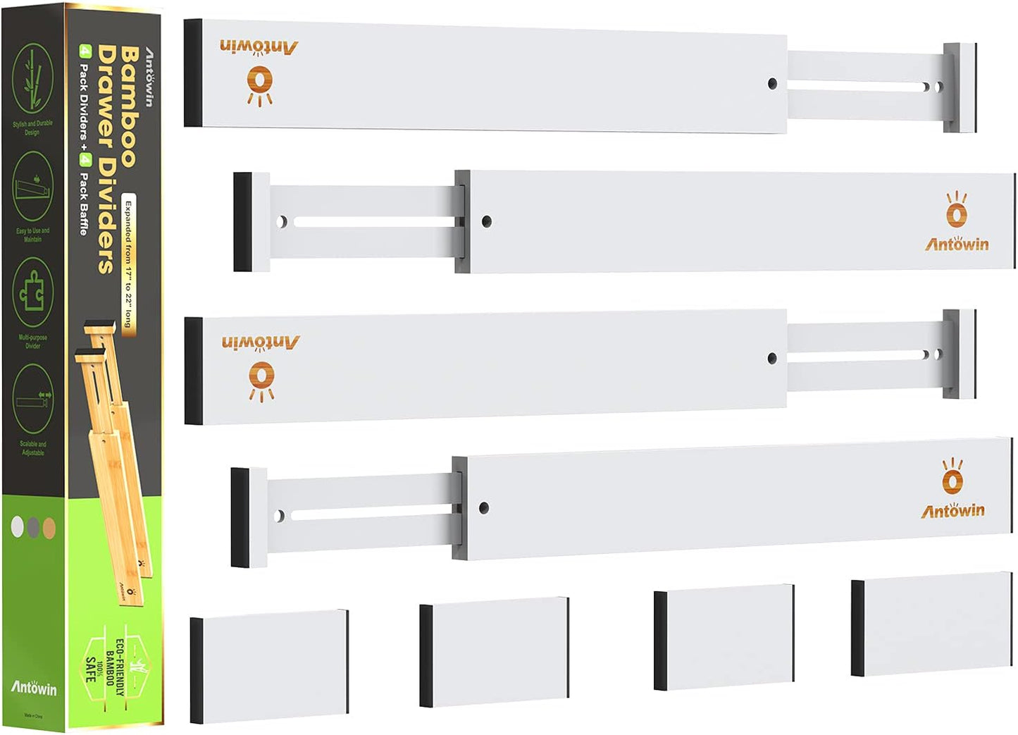 Bamboo Drawer Dividers Organizers, Expandable Drawer Separators Splitter,17-22 inches Long Adjustable Spring-loaded Organizer for Large Utensil, Clothes, Tools Drawers (White)