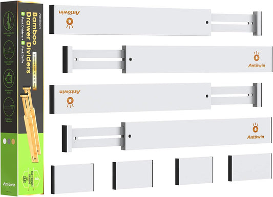Bamboo Drawer Dividers Organizers, Expandable Drawer Separators Splitter,17-22 inches Long Adjustable Spring-loaded Organizer for Large Utensil, Clothes, Tools Drawers (White)
