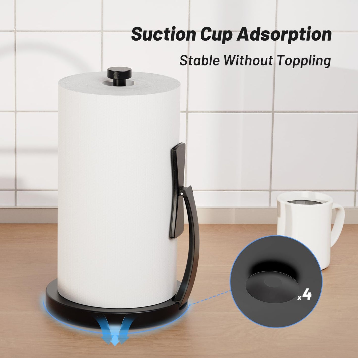 Paper Towel Holder Countertop, Black Paper Towel Holder with Spring Activated Arm and Damping Effect, Simply Tear Paper Towel Stand for Bathroom and Kitchen (Black)