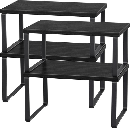 Set of 4 Kitchen Counter Shelves Stackable Shelf Organizer Wood Countertop Shelves Expandable Cabinet Shelf Organizers Countertop Storage Rack for Pantry, Industrial Black