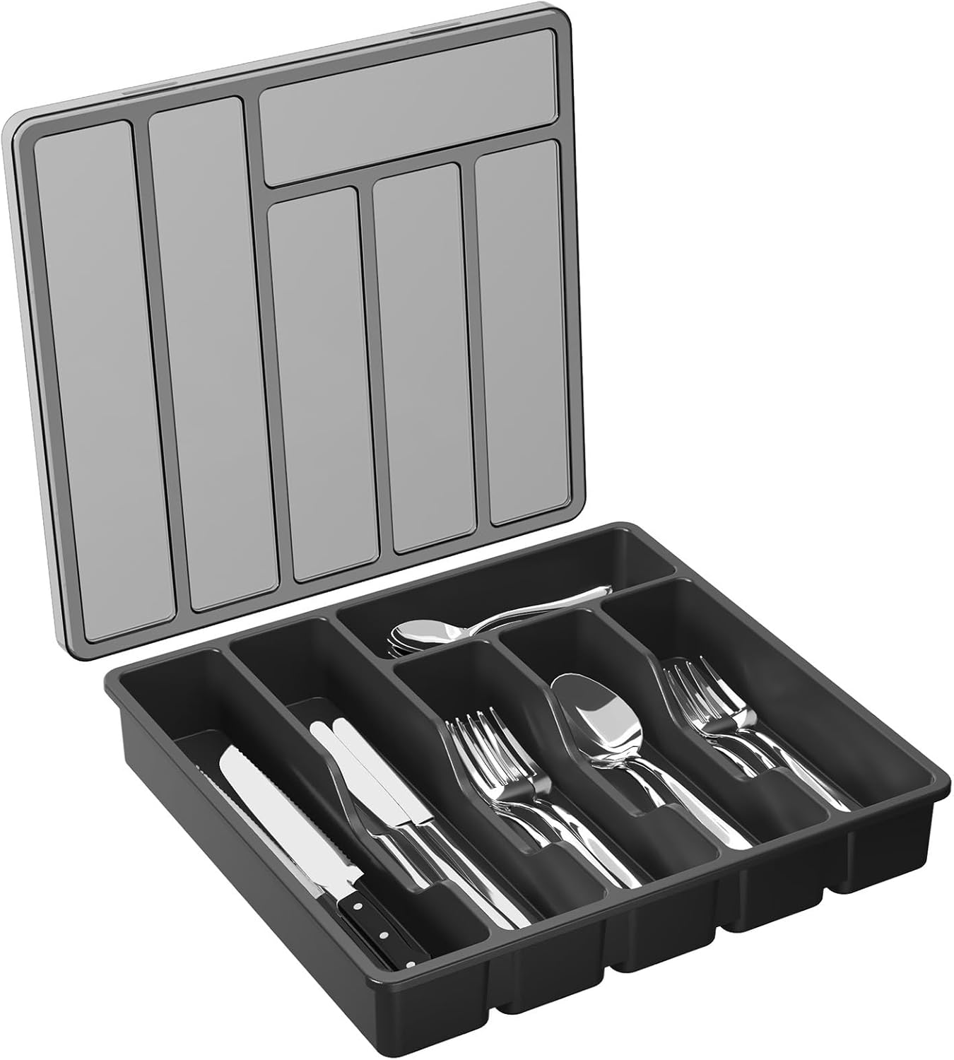 Silverware Organizer with Lid, Covered Utensil Tray for Kitchen Drawer and Countertop