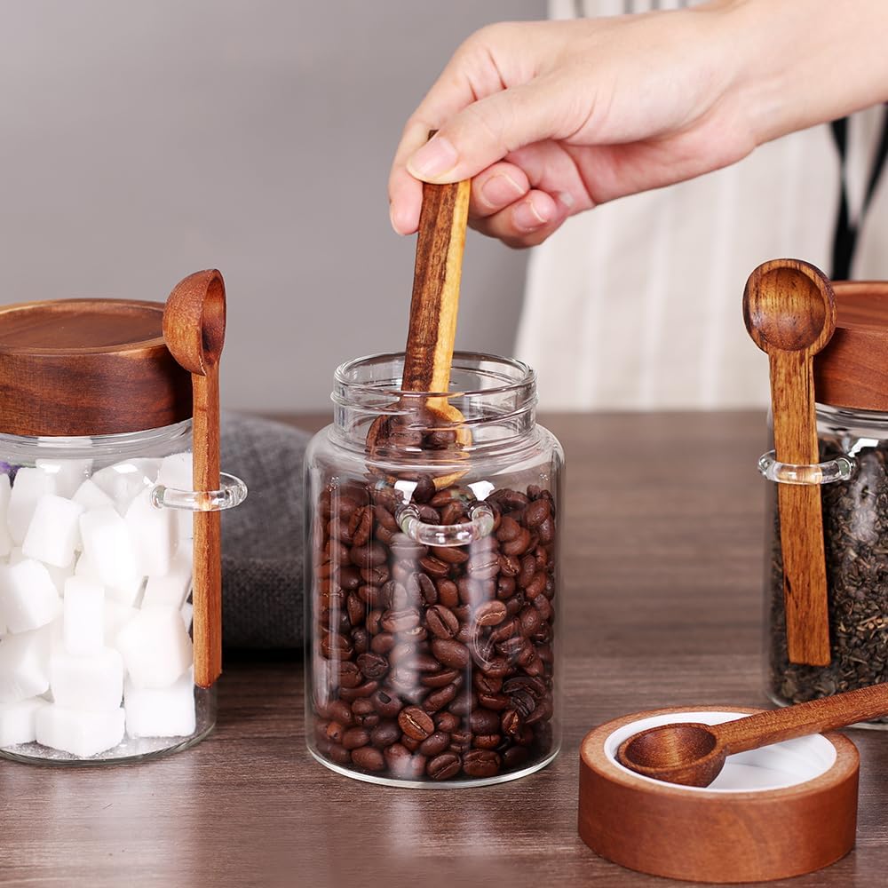 Loose Leaf Tea Storage Canister Set, 4 Pieces 16 OZ Glass Tea Containers with Wooden Lids and Spoons for Loose Tea, Coffee, Sugar, Oatmeal, Herbs (Tea Canisters)