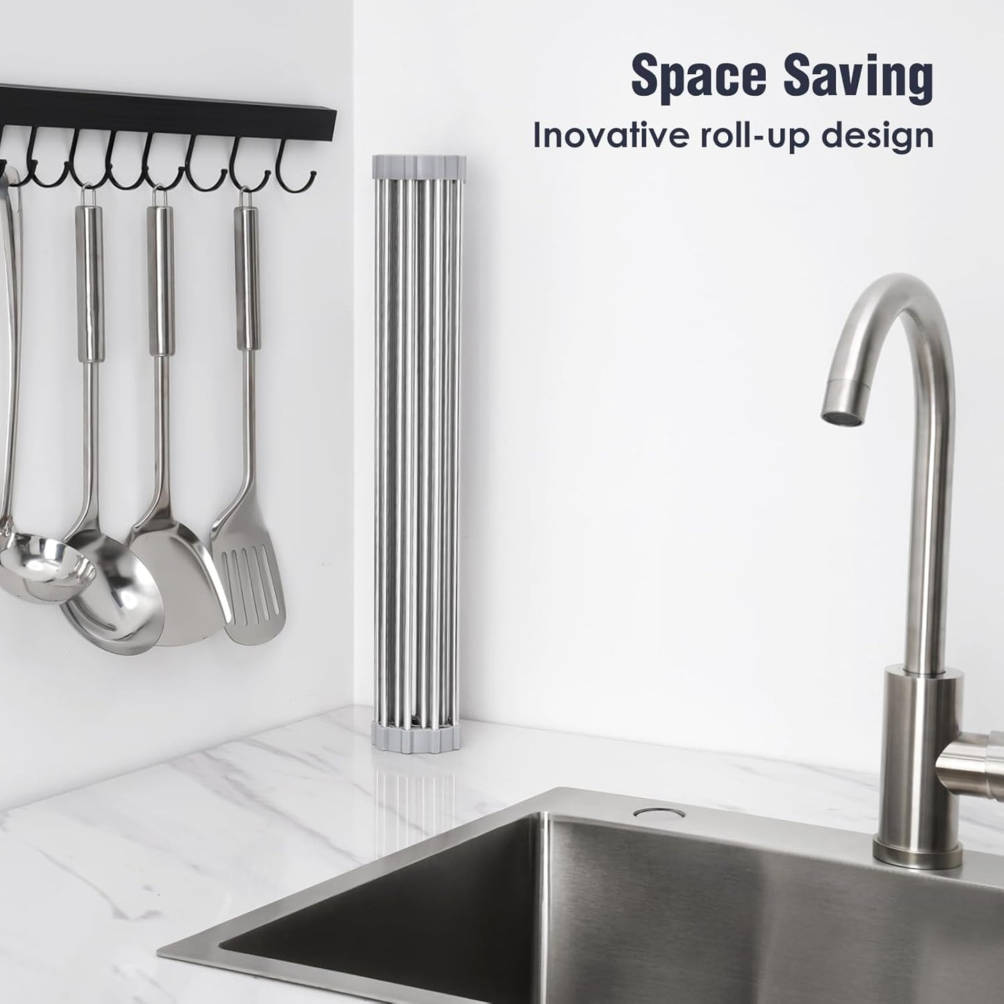 17.7" x 15.5" Roll Up Dish Drying Rack Over Sink Drying Rack Sink Cover Kitchen Sink Accessories Gadget Multipurpose Organizer Foldable Stainless Steel Drainer (Grey)