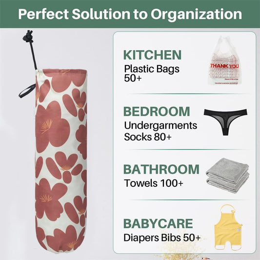 TOGETRUE Coral Red Polyester Plastic Bag Holder, Locking Drawstring Grocery Bag Dispenser for Pantry Storage