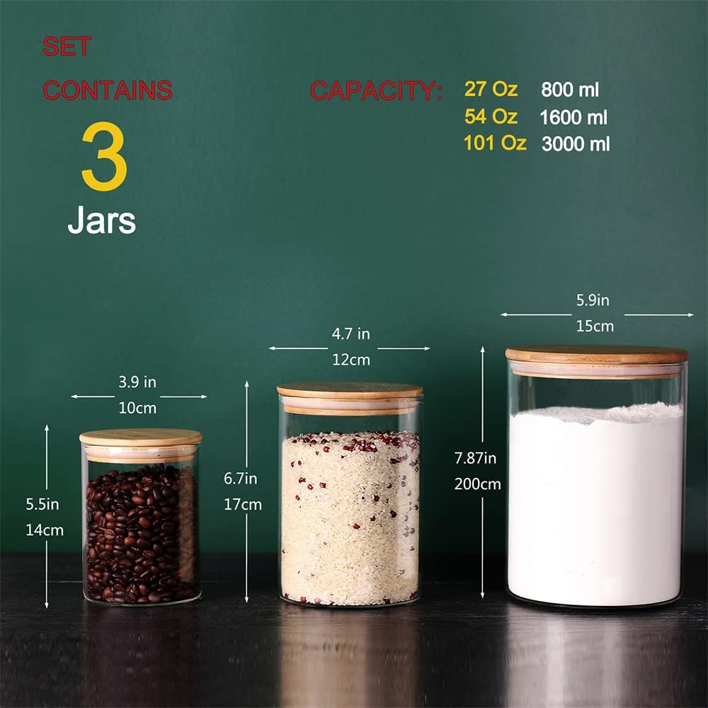 Glass Flour and Sugar Containers, Set of 3 Large Glass Flour Canister with Airtight Lids